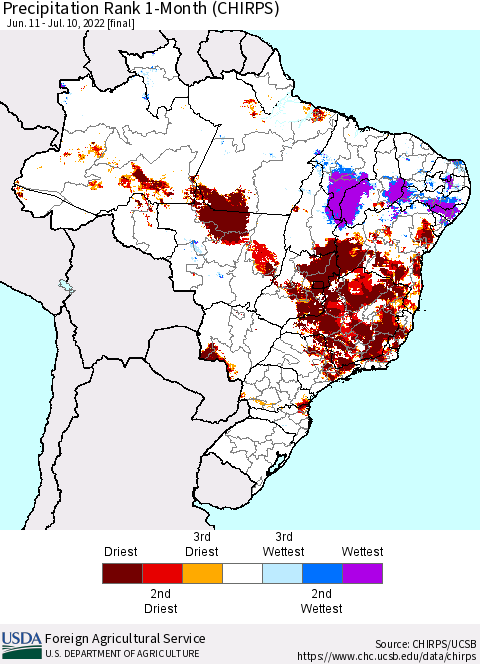 Brazil Precipitation Rank since 1981, 1-Month (CHIRPS) Thematic Map For 6/11/2022 - 7/10/2022
