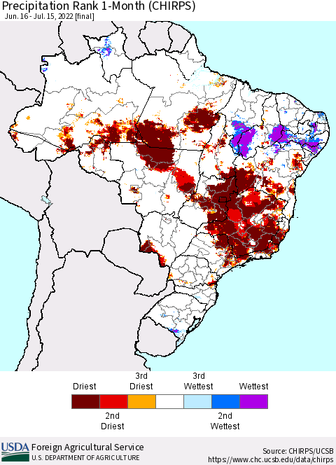 Brazil Precipitation Rank since 1981, 1-Month (CHIRPS) Thematic Map For 6/16/2022 - 7/15/2022