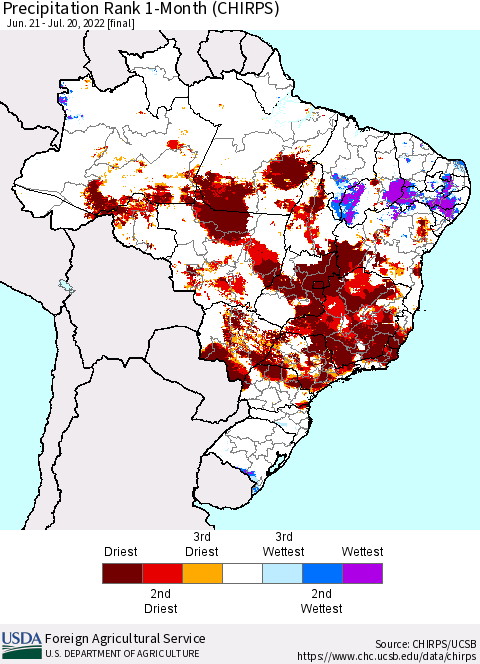 Brazil Precipitation Rank since 1981, 1-Month (CHIRPS) Thematic Map For 6/21/2022 - 7/20/2022