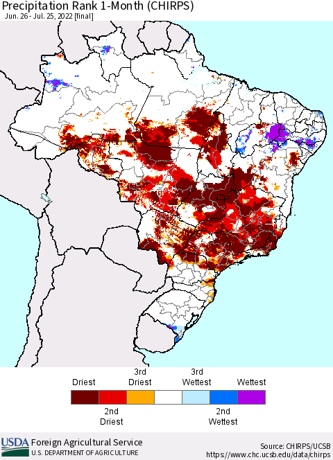 Brazil Precipitation Rank since 1981, 1-Month (CHIRPS) Thematic Map For 6/26/2022 - 7/25/2022