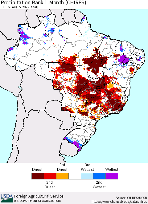Brazil Precipitation Rank since 1981, 1-Month (CHIRPS) Thematic Map For 7/6/2022 - 8/5/2022