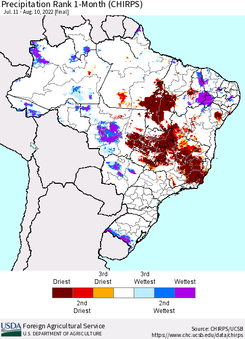 Brazil Precipitation Rank since 1981, 1-Month (CHIRPS) Thematic Map For 7/11/2022 - 8/10/2022