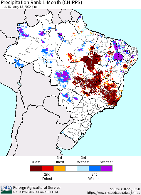 Brazil Precipitation Rank since 1981, 1-Month (CHIRPS) Thematic Map For 7/16/2022 - 8/15/2022