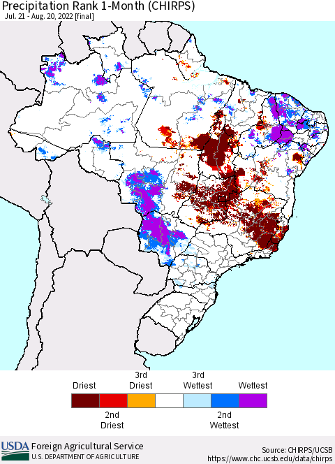 Brazil Precipitation Rank since 1981, 1-Month (CHIRPS) Thematic Map For 7/21/2022 - 8/20/2022