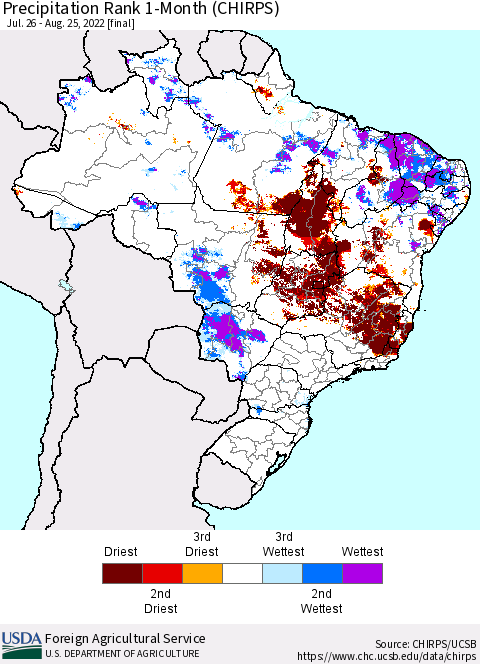 Brazil Precipitation Rank since 1981, 1-Month (CHIRPS) Thematic Map For 7/26/2022 - 8/25/2022