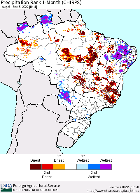 Brazil Precipitation Rank since 1981, 1-Month (CHIRPS) Thematic Map For 8/6/2022 - 9/5/2022