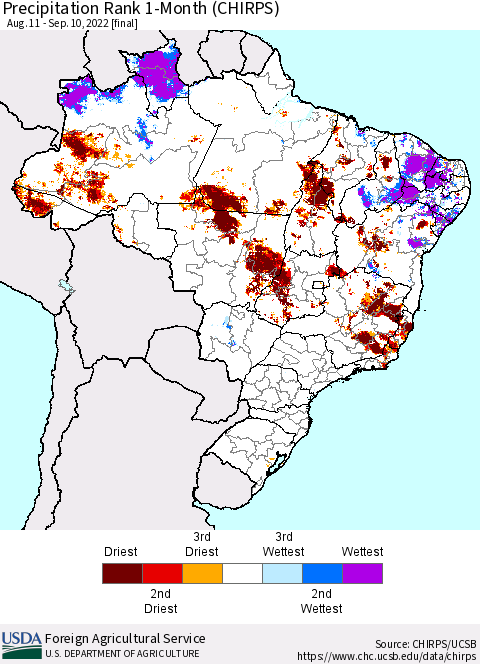 Brazil Precipitation Rank since 1981, 1-Month (CHIRPS) Thematic Map For 8/11/2022 - 9/10/2022