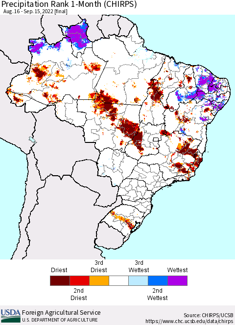 Brazil Precipitation Rank since 1981, 1-Month (CHIRPS) Thematic Map For 8/16/2022 - 9/15/2022