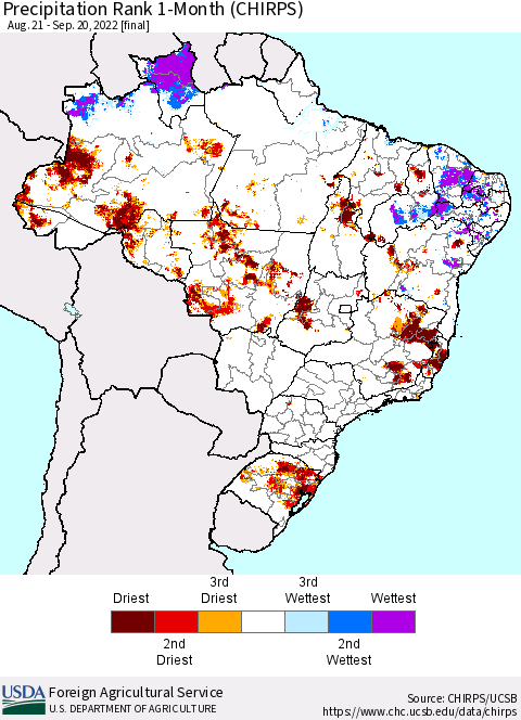 Brazil Precipitation Rank since 1981, 1-Month (CHIRPS) Thematic Map For 8/21/2022 - 9/20/2022