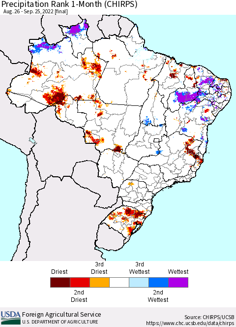 Brazil Precipitation Rank since 1981, 1-Month (CHIRPS) Thematic Map For 8/26/2022 - 9/25/2022