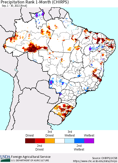 Brazil Precipitation Rank since 1981, 1-Month (CHIRPS) Thematic Map For 9/1/2022 - 9/30/2022