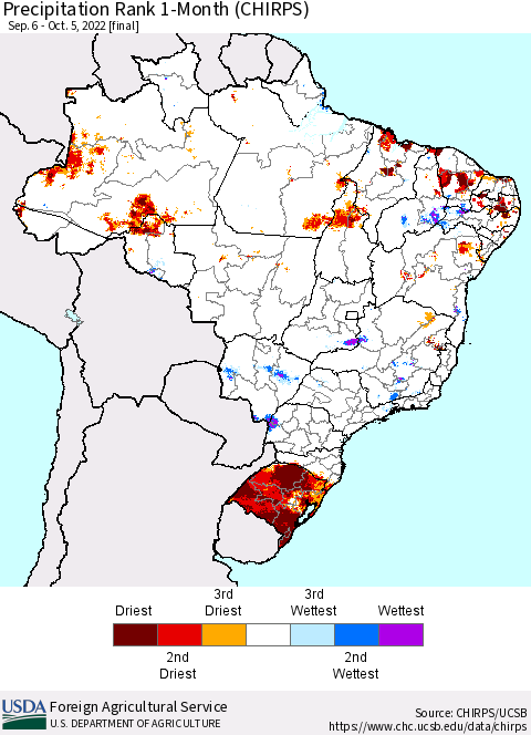 Brazil Precipitation Rank since 1981, 1-Month (CHIRPS) Thematic Map For 9/6/2022 - 10/5/2022