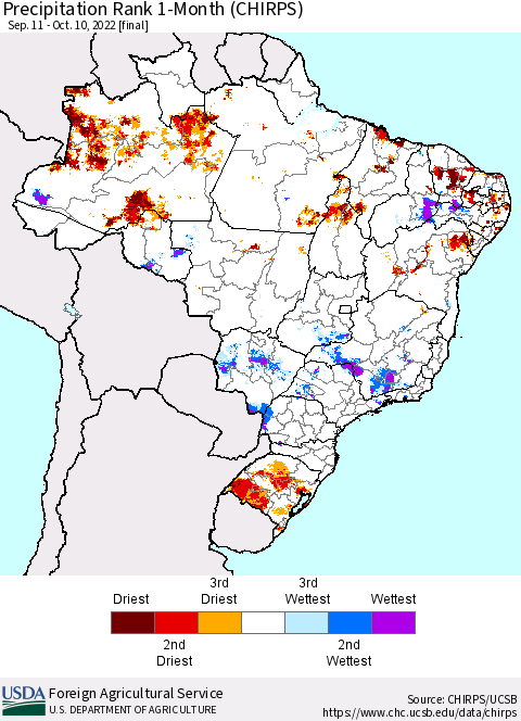 Brazil Precipitation Rank since 1981, 1-Month (CHIRPS) Thematic Map For 9/11/2022 - 10/10/2022