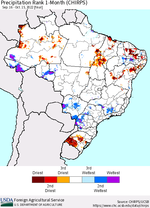 Brazil Precipitation Rank since 1981, 1-Month (CHIRPS) Thematic Map For 9/16/2022 - 10/15/2022