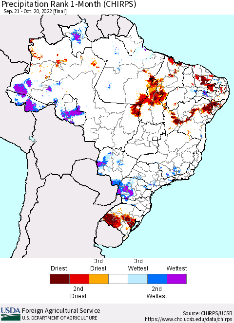 Brazil Precipitation Rank since 1981, 1-Month (CHIRPS) Thematic Map For 9/21/2022 - 10/20/2022