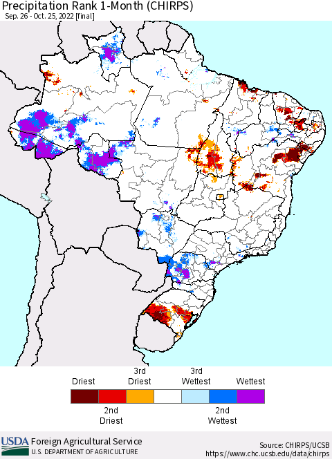 Brazil Precipitation Rank since 1981, 1-Month (CHIRPS) Thematic Map For 9/26/2022 - 10/25/2022