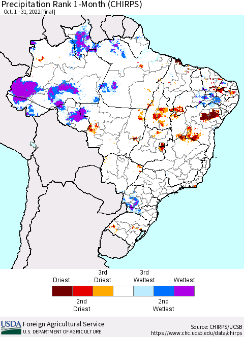 Brazil Precipitation Rank since 1981, 1-Month (CHIRPS) Thematic Map For 10/1/2022 - 10/31/2022