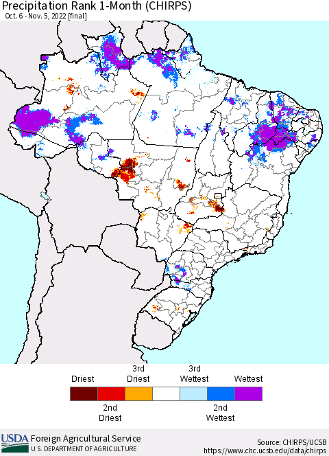 Brazil Precipitation Rank since 1981, 1-Month (CHIRPS) Thematic Map For 10/6/2022 - 11/5/2022