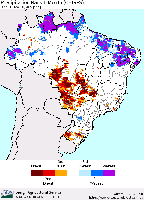 Brazil Precipitation Rank since 1981, 1-Month (CHIRPS) Thematic Map For 10/11/2022 - 11/10/2022