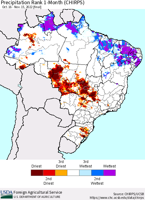 Brazil Precipitation Rank since 1981, 1-Month (CHIRPS) Thematic Map For 10/16/2022 - 11/15/2022
