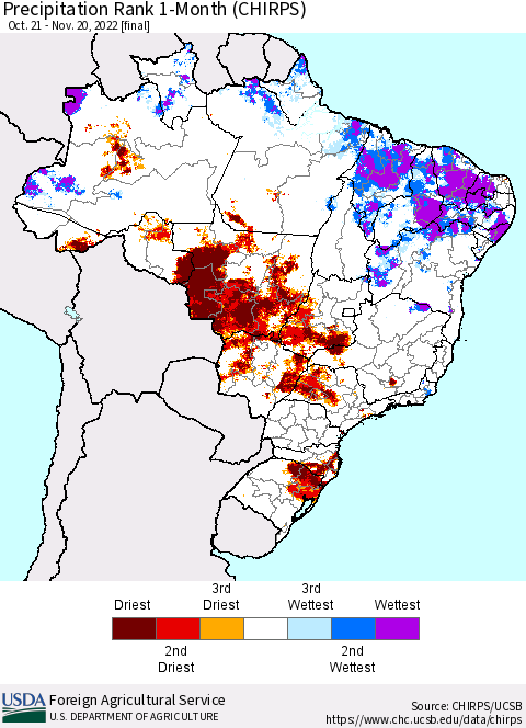 Brazil Precipitation Rank since 1981, 1-Month (CHIRPS) Thematic Map For 10/21/2022 - 11/20/2022