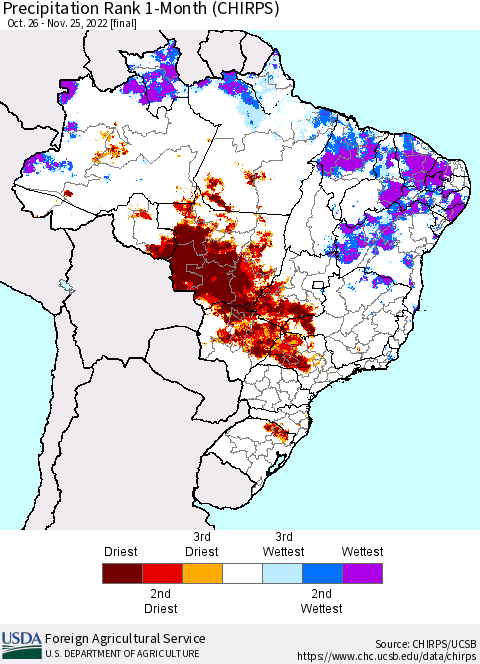 Brazil Precipitation Rank since 1981, 1-Month (CHIRPS) Thematic Map For 10/26/2022 - 11/25/2022