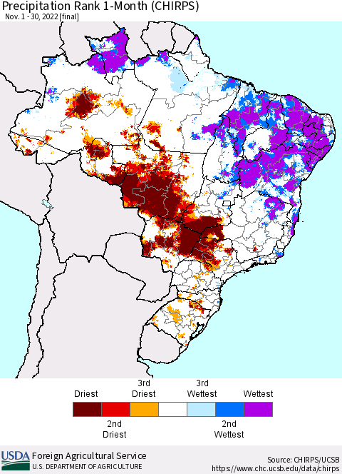 Brazil Precipitation Rank since 1981, 1-Month (CHIRPS) Thematic Map For 11/1/2022 - 11/30/2022