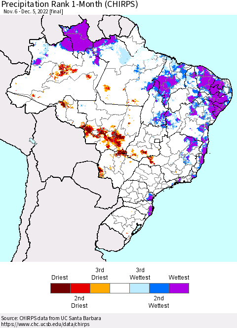 Brazil Precipitation Rank since 1981, 1-Month (CHIRPS) Thematic Map For 11/6/2022 - 12/5/2022