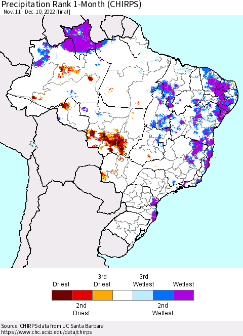 Brazil Precipitation Rank since 1981, 1-Month (CHIRPS) Thematic Map For 11/11/2022 - 12/10/2022