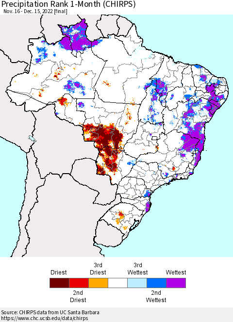 Brazil Precipitation Rank since 1981, 1-Month (CHIRPS) Thematic Map For 11/16/2022 - 12/15/2022