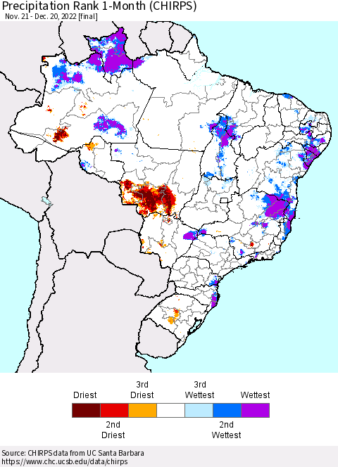 Brazil Precipitation Rank since 1981, 1-Month (CHIRPS) Thematic Map For 11/21/2022 - 12/20/2022