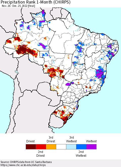 Brazil Precipitation Rank since 1981, 1-Month (CHIRPS) Thematic Map For 11/26/2022 - 12/25/2022