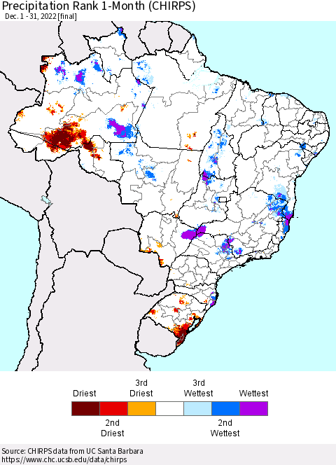 Brazil Precipitation Rank since 1981, 1-Month (CHIRPS) Thematic Map For 12/1/2022 - 12/31/2022