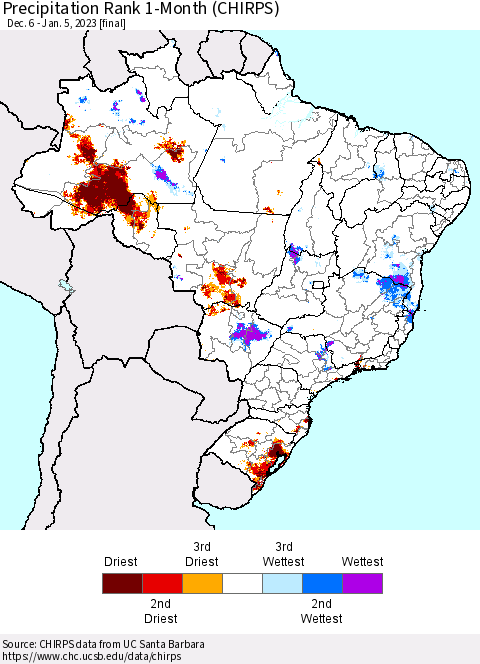 Brazil Precipitation Rank since 1981, 1-Month (CHIRPS) Thematic Map For 12/6/2022 - 1/5/2023