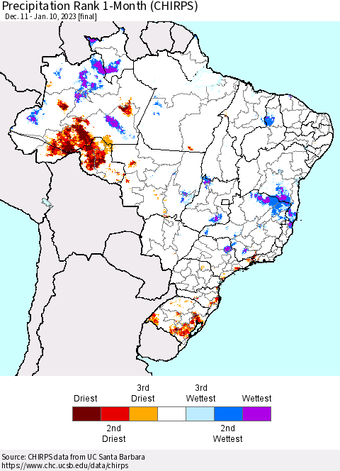 Brazil Precipitation Rank since 1981, 1-Month (CHIRPS) Thematic Map For 12/11/2022 - 1/10/2023