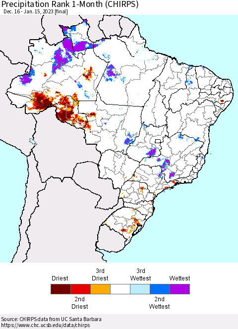 Brazil Precipitation Rank since 1981, 1-Month (CHIRPS) Thematic Map For 12/16/2022 - 1/15/2023