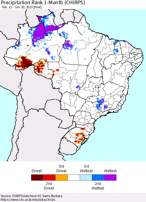 Brazil Precipitation Rank since 1981, 1-Month (CHIRPS) Thematic Map For 12/21/2022 - 1/20/2023