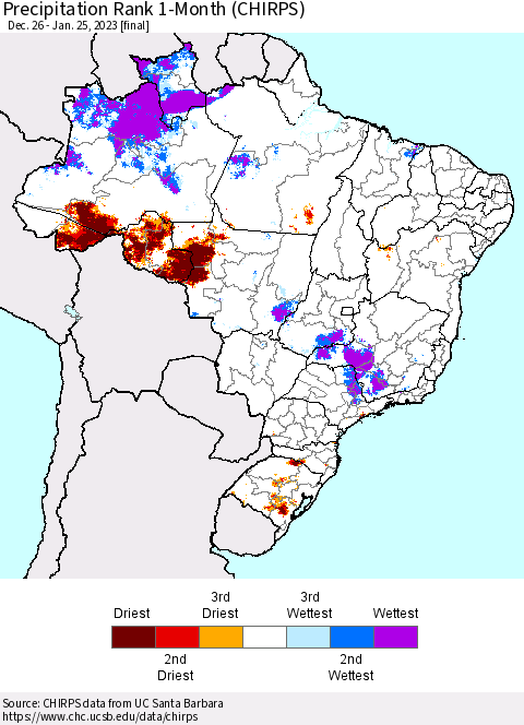 Brazil Precipitation Rank since 1981, 1-Month (CHIRPS) Thematic Map For 12/26/2022 - 1/25/2023