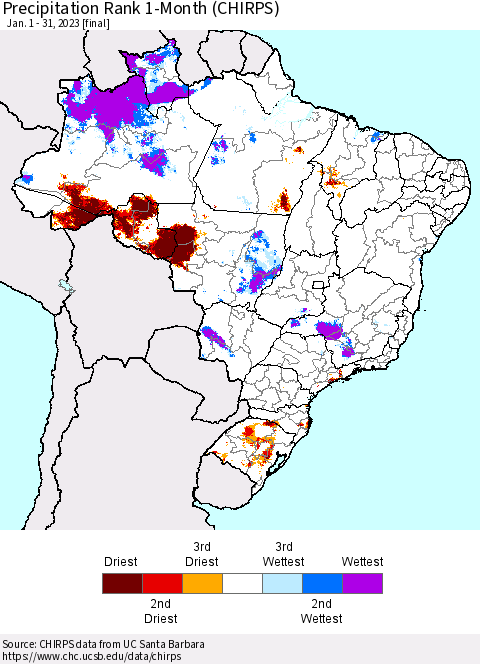 Brazil Precipitation Rank since 1981, 1-Month (CHIRPS) Thematic Map For 1/1/2023 - 1/31/2023
