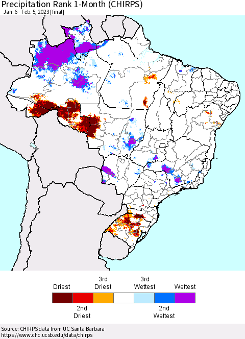 Brazil Precipitation Rank since 1981, 1-Month (CHIRPS) Thematic Map For 1/6/2023 - 2/5/2023