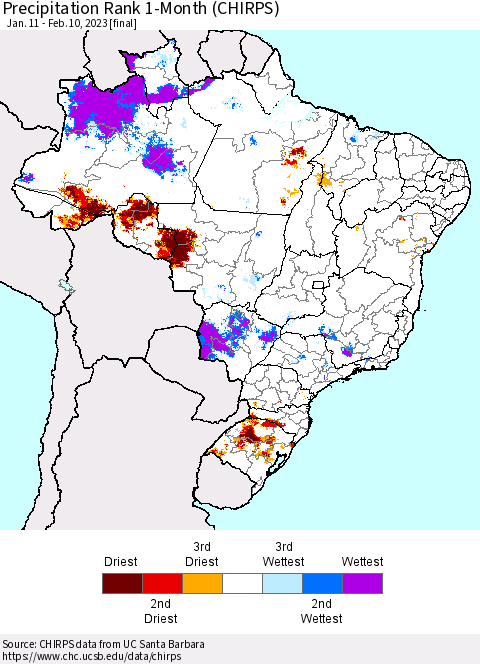 Brazil Precipitation Rank since 1981, 1-Month (CHIRPS) Thematic Map For 1/11/2023 - 2/10/2023