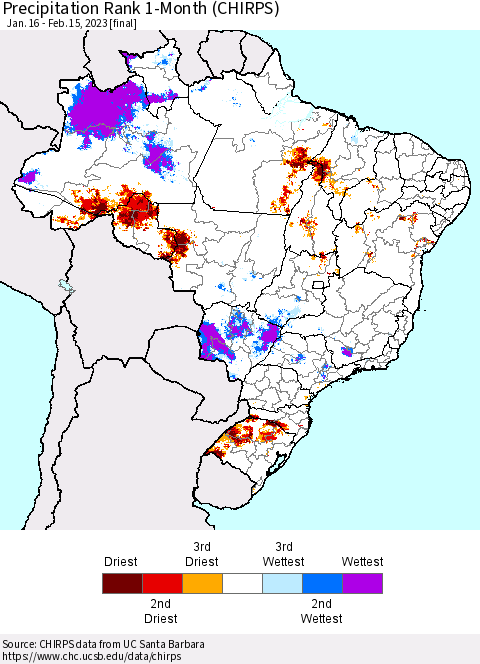 Brazil Precipitation Rank since 1981, 1-Month (CHIRPS) Thematic Map For 1/16/2023 - 2/15/2023