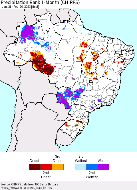 Brazil Precipitation Rank since 1981, 1-Month (CHIRPS) Thematic Map For 1/21/2023 - 2/20/2023