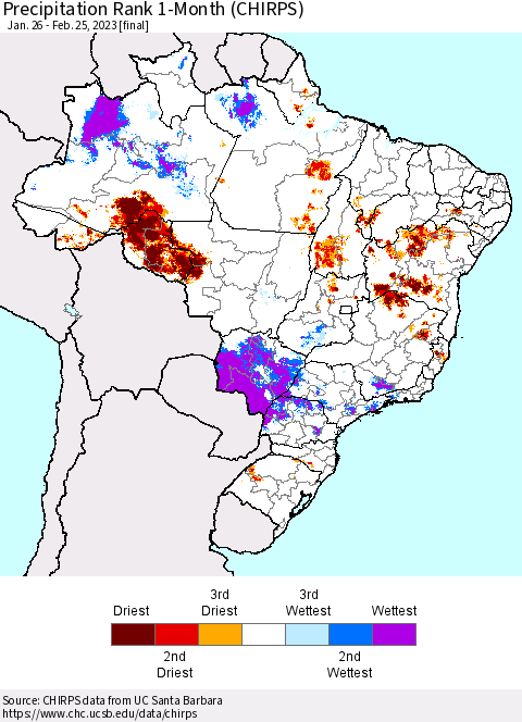 Brazil Precipitation Rank since 1981, 1-Month (CHIRPS) Thematic Map For 1/26/2023 - 2/25/2023