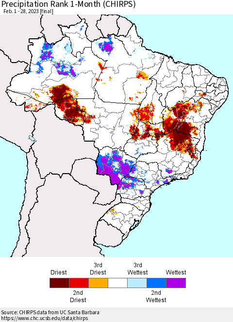 Brazil Precipitation Rank since 1981, 1-Month (CHIRPS) Thematic Map For 2/1/2023 - 2/28/2023