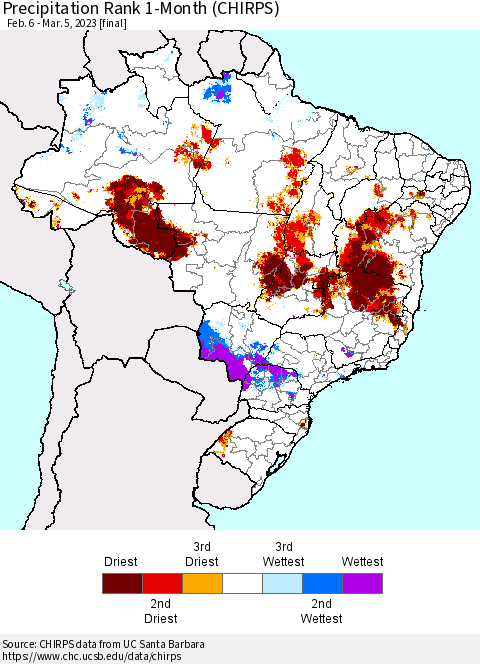 Brazil Precipitation Rank since 1981, 1-Month (CHIRPS) Thematic Map For 2/6/2023 - 3/5/2023