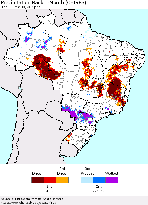Brazil Precipitation Rank since 1981, 1-Month (CHIRPS) Thematic Map For 2/11/2023 - 3/10/2023