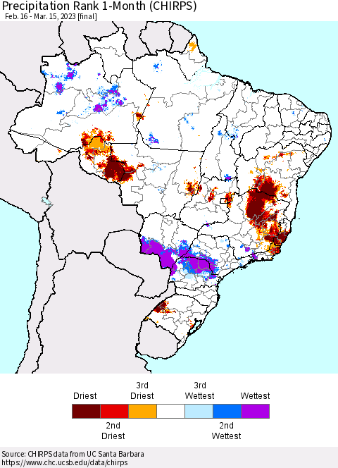 Brazil Precipitation Rank since 1981, 1-Month (CHIRPS) Thematic Map For 2/16/2023 - 3/15/2023