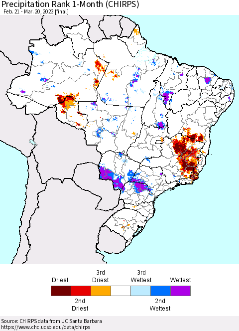 Brazil Precipitation Rank since 1981, 1-Month (CHIRPS) Thematic Map For 2/21/2023 - 3/20/2023