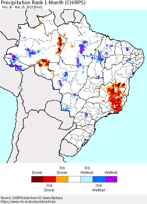 Brazil Precipitation Rank since 1981, 1-Month (CHIRPS) Thematic Map For 2/26/2023 - 3/25/2023